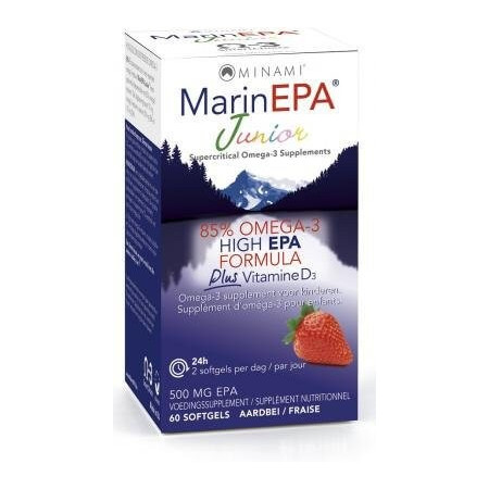 MarinEPA Junior 85% Oméga 3 High EPA Formule + Viatamine D3 60 softgels - Minami Nutrition - Acides Gras essentiels (Omega) - 1 MarinEPA Junior 85% Oméga 3 High EPA Formule + Viatamine D3 60 softgels - Minami Nutrition - Acides Gras essentiels (Omega) - 1