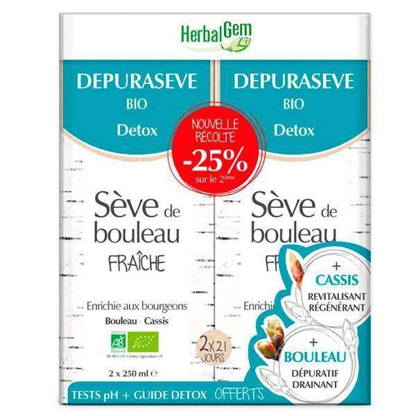 Dépurasève DUOPACK (séve de bouleau) - Detox - 2 x 250 ml - Herbalgem - Sève de Bouleau & Draineurs + - 1 Dépurasève DUOPACK (séve de bouleau) - Detox - 2 x 250 ml - Herbalgem - Sève de Bouleau & Draineurs + - 1
