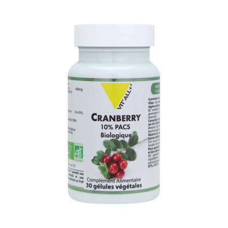 Cranberry (Canneberge - Vaccinium macrocarpon) BIO Extrait standardisé 400 mg 30 gélules - Vitall+ - Extraits de plantes standar