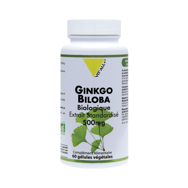 Ginkgo Biloba BIO Extrait standardisé 500mg 60 gélules - Vitall+ - 1 - Herboristerie du Valmont