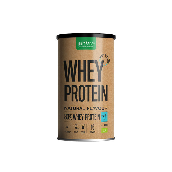 Whey Protéine nature Bio 400 gr - Purasana - <p>100% poudre de protéine de petit-lait biologique concentré à 80% - Protéines qui