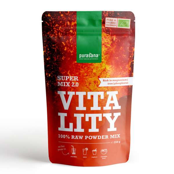 Vitality mix Bio 250 gr - Purasana - <p>Mix Vitalité - Superfood - Spiruline, Guarana, Maca, Lucuma, Baies d'Açaï, Herbe de blé.