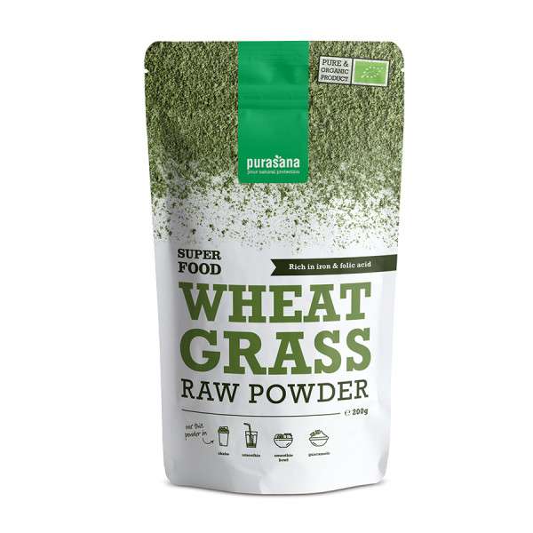 Herbe de blé poudre BIO 200g (Wheat Grass Raw Powder Super Food) - Purasana - <h2><strong style="color:#000000;font-family:Arial