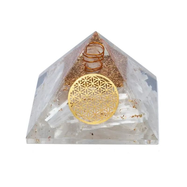 Orgonite Pyramide sélénite fleur de vie - 7x7x6cm - Lithothérapie - Lithothérapie - Pierres de Santé - Bijoux - 1