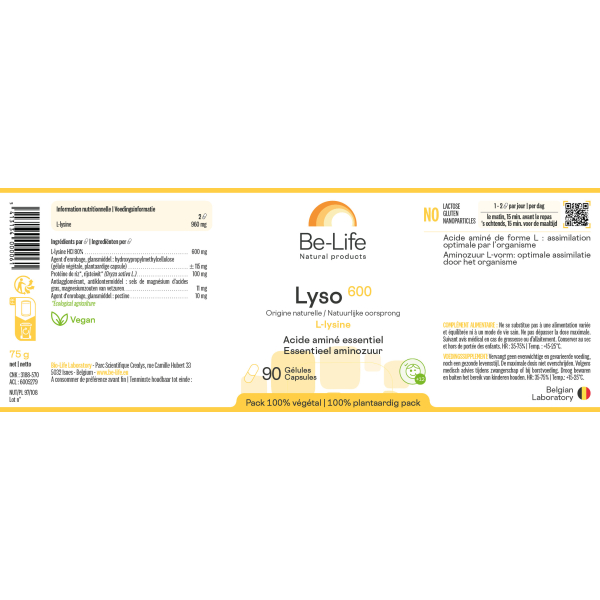 Lysin (Lyso 600) 90 Kapseln - Be-Life - Aminosäuren - 3