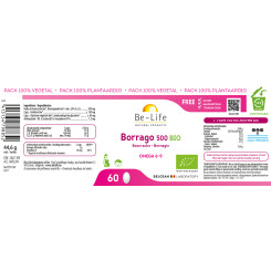 Bourrache 500 mg (Borrago 500)  60 gélules  Bio - Be-Life - Acides Gras essentiels (Omega) - 3