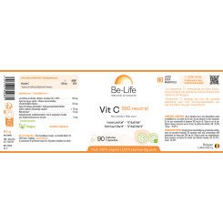 Vit C 500 Neutral (Vitamine C non-acide) 90 gélules végétales acido-résistantes - Be-Life - Vitamine C, Acérola et Bioflavonoïde