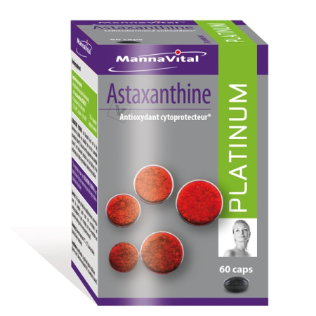 Astaxanthine naturelle + Vit. E 60 capsules Platinum - Mannavital - Anti-oxydants - Acide Hyaluronique - Salvestrol - 1
