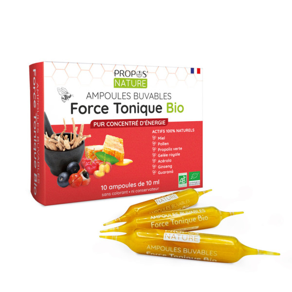 Force Tonique (Gelée royale - Propolis verte - Pollen - Acérola - Ginseng - Guarana ) 10 unicadoses de 10 ml Bio - Propos'Nature