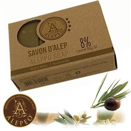 Savon d'Alep Ambre et Musc à 8% d'huile de laurier 100 gr - Alepeo - Savon d'Alep + - 2 Savon d'Alep Ambre et Musc à 8% d'huile de laurier 100 gr - Alepeo - Savon d'Alep + - 2