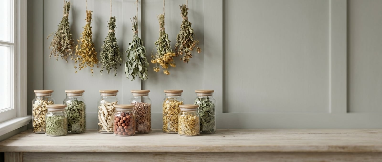 Le rayon des familles de plantes du Valmont : bouquets de plantes séchées suspendus et bocaux de plantes rangés sur une étagère en bois, dans la lumière d’une fenêtre.